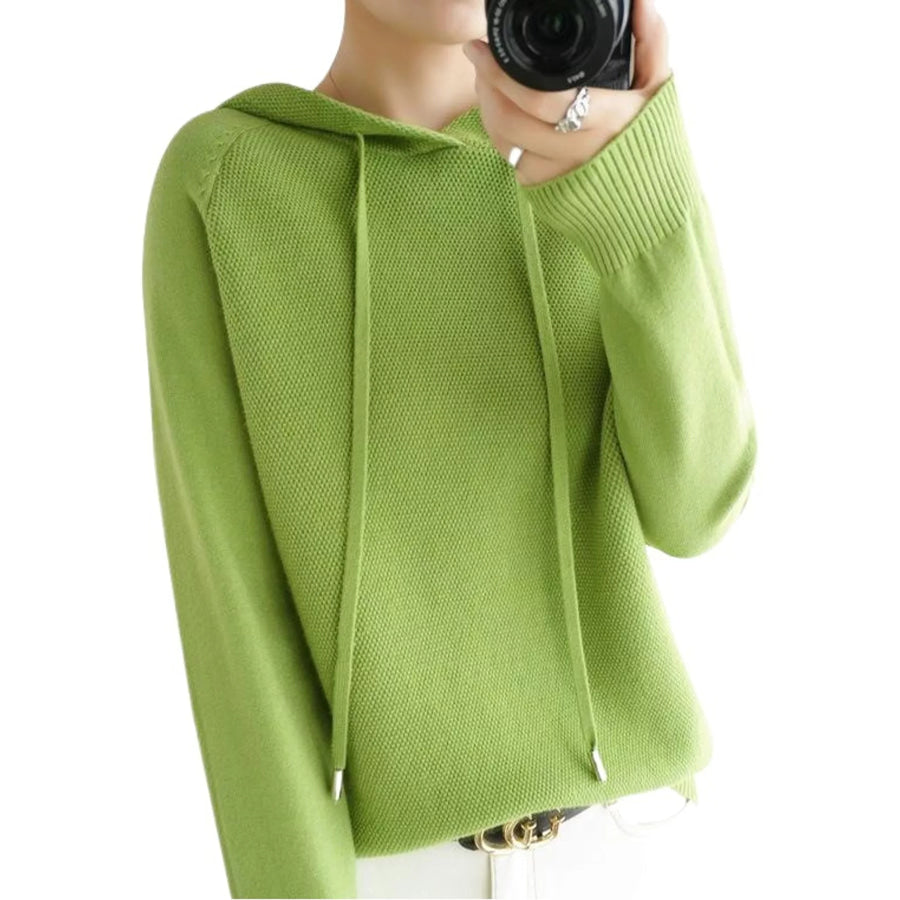 Drawstring Long Sleeve Hooded Knit Sweater Apple Green / M Apparel and Accessories