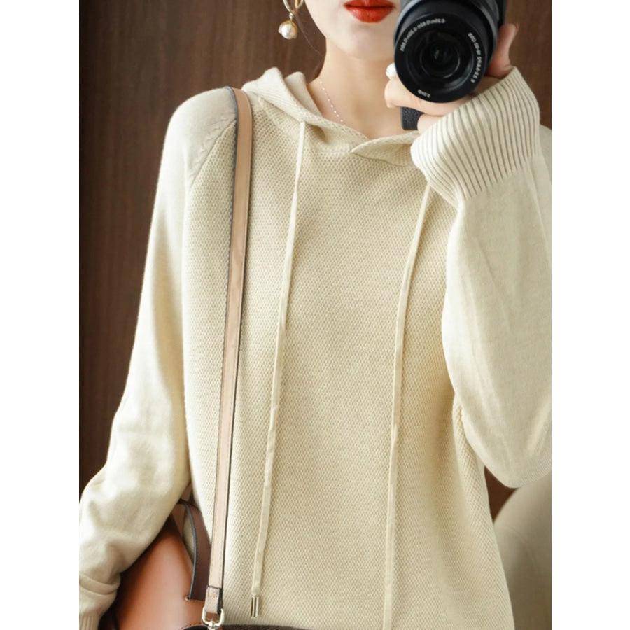 Drawstring Long Sleeve Hooded Knit Sweater Beige / M Apparel and Accessories