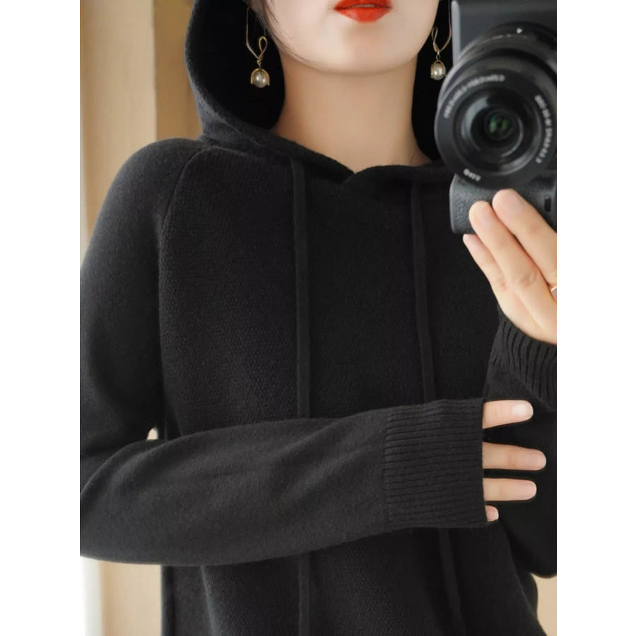 Drawstring Long Sleeve Hooded Knit Sweater Black / M Apparel and Accessories