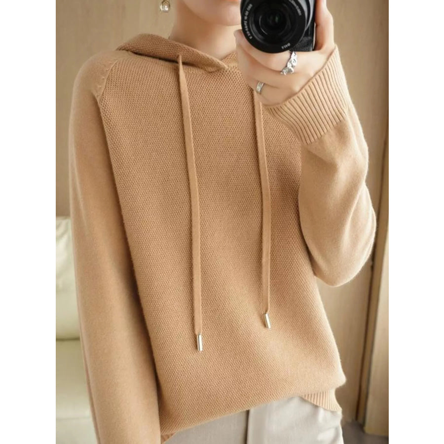 Drawstring Long Sleeve Hooded Knit Sweater Camel / M Apparel and Accessories