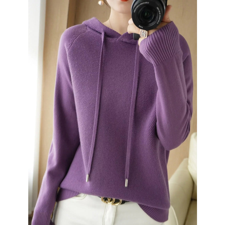 Drawstring Long Sleeve Hooded Knit Sweater Deep Purple / M Apparel and Accessories