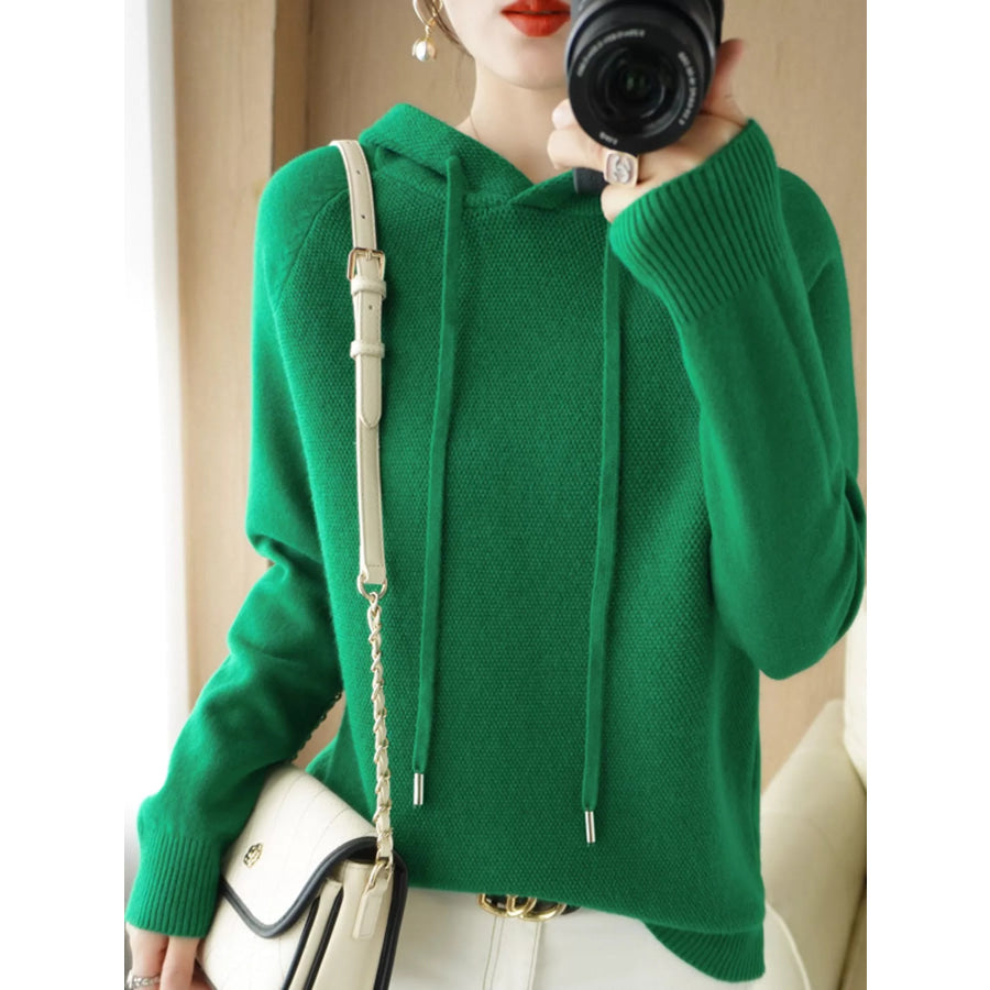 Drawstring Long Sleeve Hooded Knit Sweater Emerald Green / M Apparel and Accessories