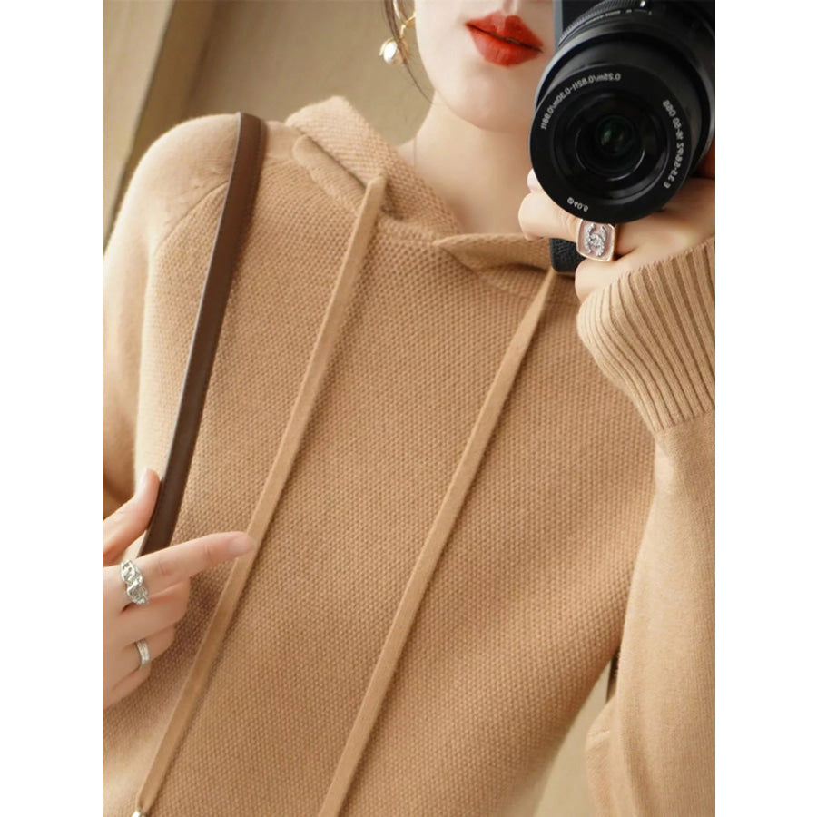 Drawstring Long Sleeve Hooded Knit Sweater Golden Camel / M Apparel and Accessories
