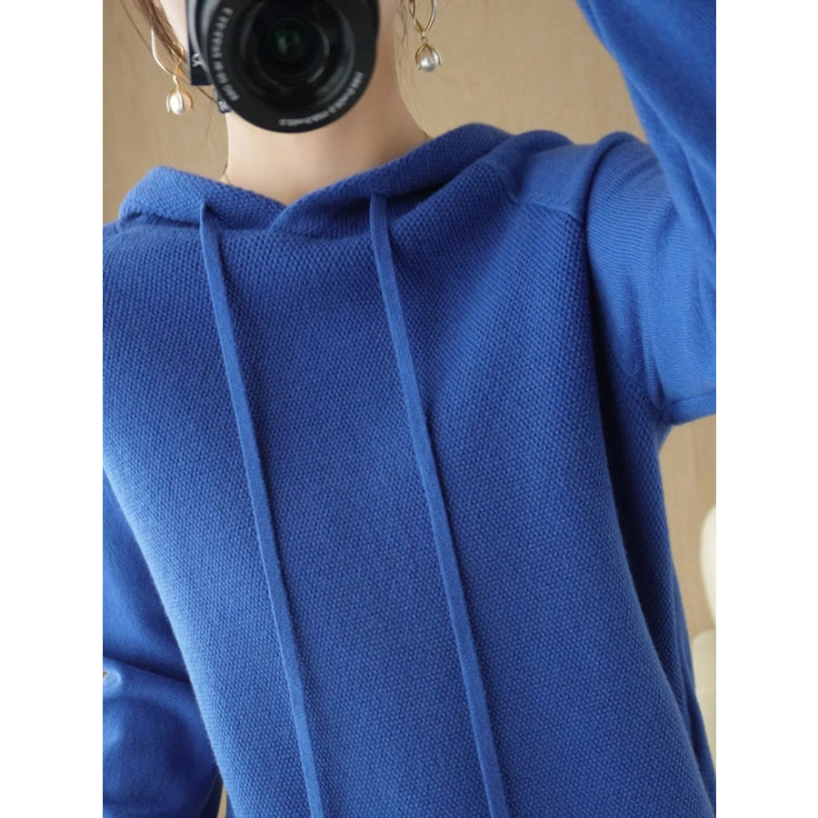 Drawstring Long Sleeve Hooded Knit Sweater Klein Blue / M Apparel and Accessories