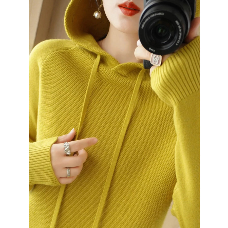 Drawstring Long Sleeve Hooded Knit Sweater Mustard Yellow / M Apparel and Accessories
