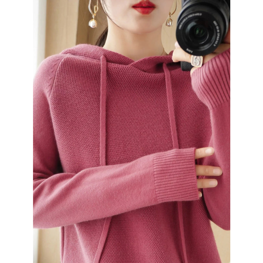 Drawstring Long Sleeve Hooded Knit Sweater Raspberry / M Apparel and Accessories