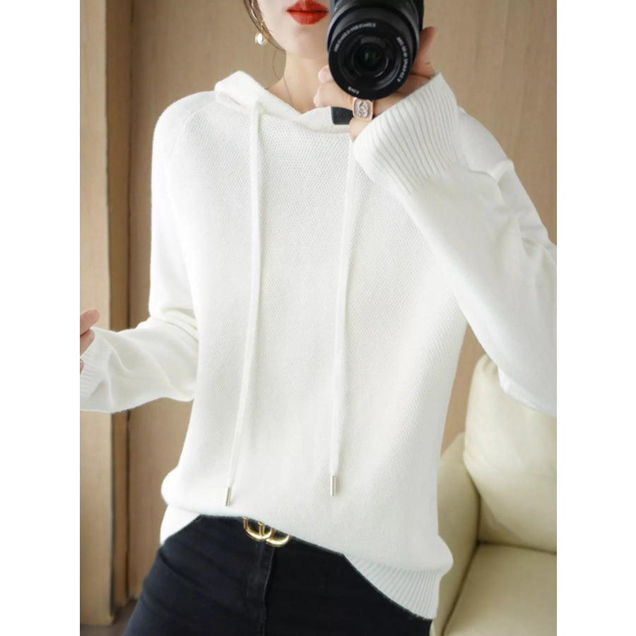 Drawstring Long Sleeve Hooded Knit Sweater White / M Apparel and Accessories