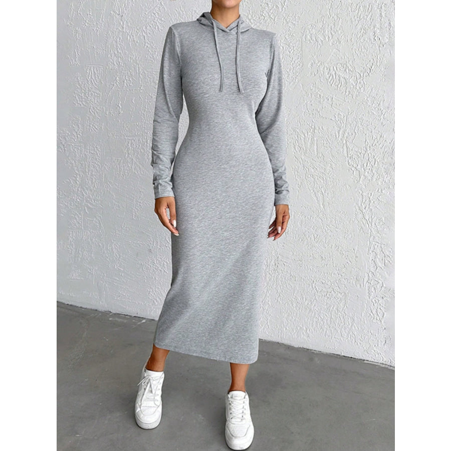 Drawstring Long Sleeve Hooded Midi Dress Gray / S Apparel and Accessories