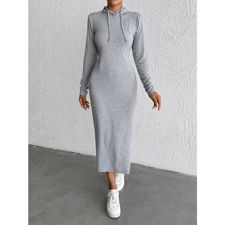 Drawstring Long Sleeve Hooded Midi Dress Gray / S Apparel and Accessories