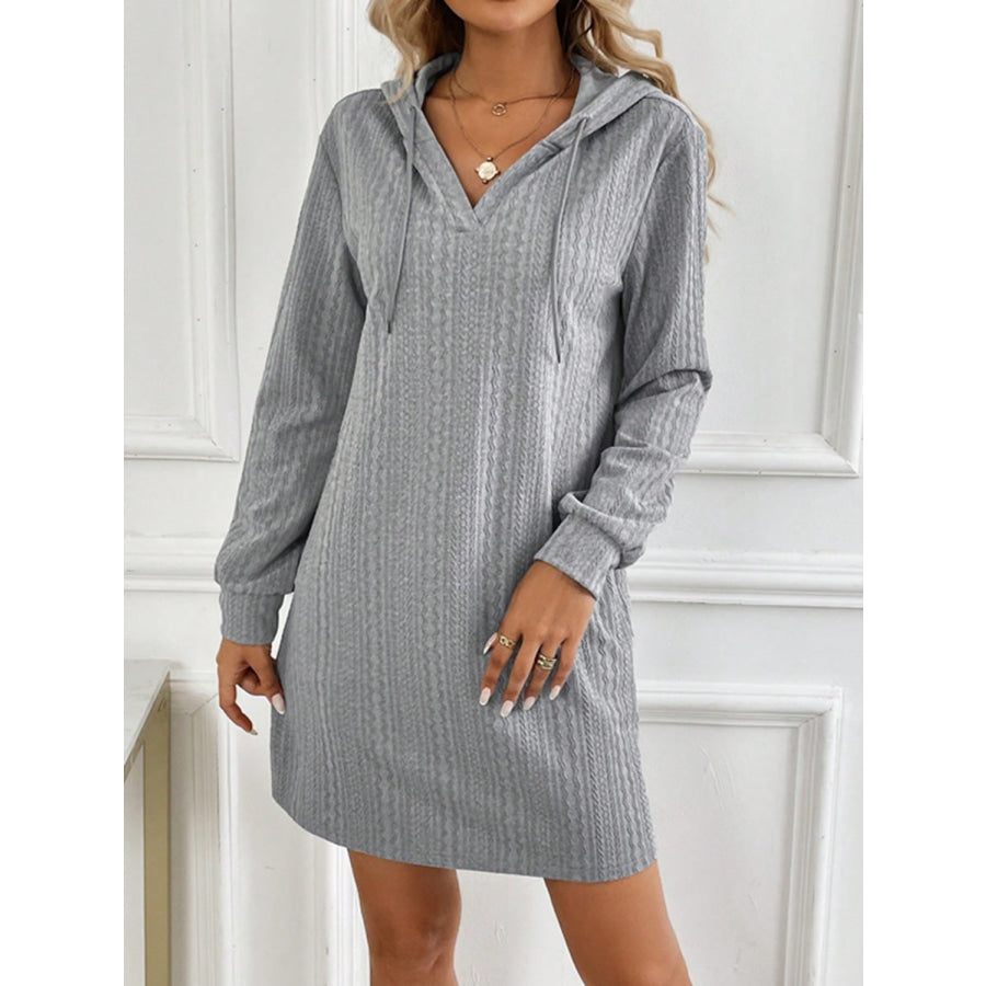 Drawstring Long Sleeve Hooded Mini Dress Gray / S Apparel and Accessories