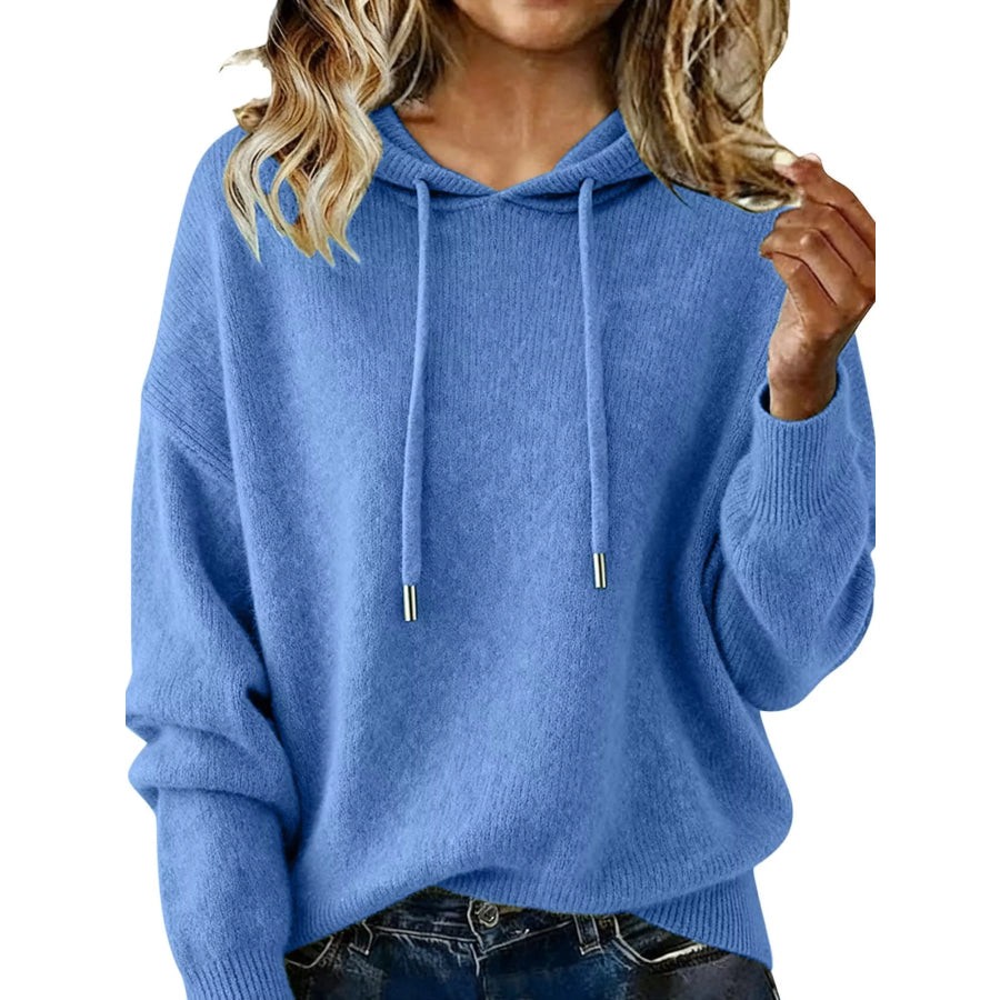 Drawstring Long Sleeve Hooded Sweater Blue / S Apparel and Accessories