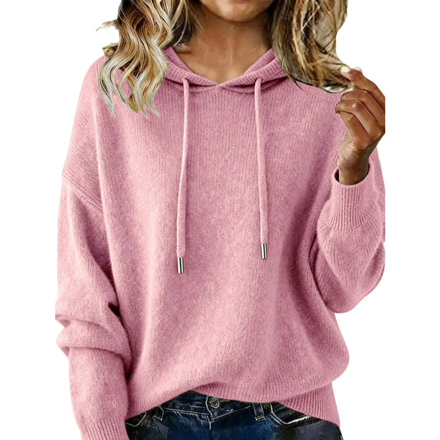 Drawstring Long Sleeve Hooded Sweater Blush Pink / S Apparel and Accessories
