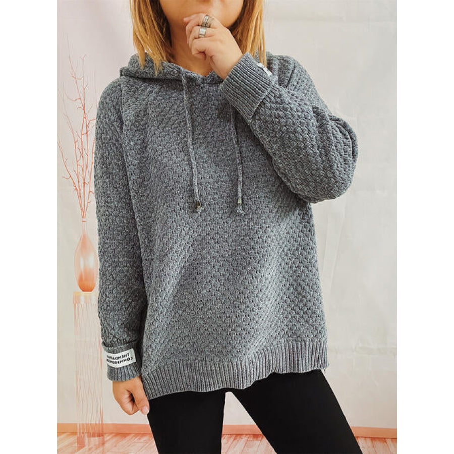 Drawstring Long Sleeve Hooded Sweater Charcoal / One Size Clothing