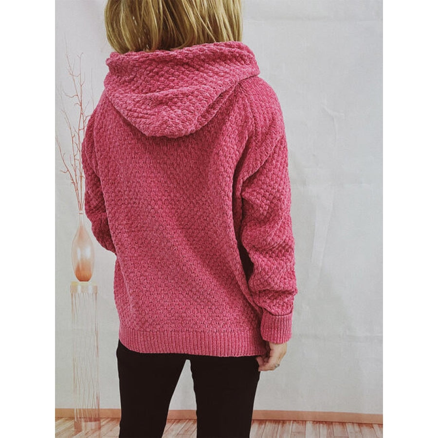 Drawstring Long Sleeve Hooded Sweater Deep Rose / One Size Clothing