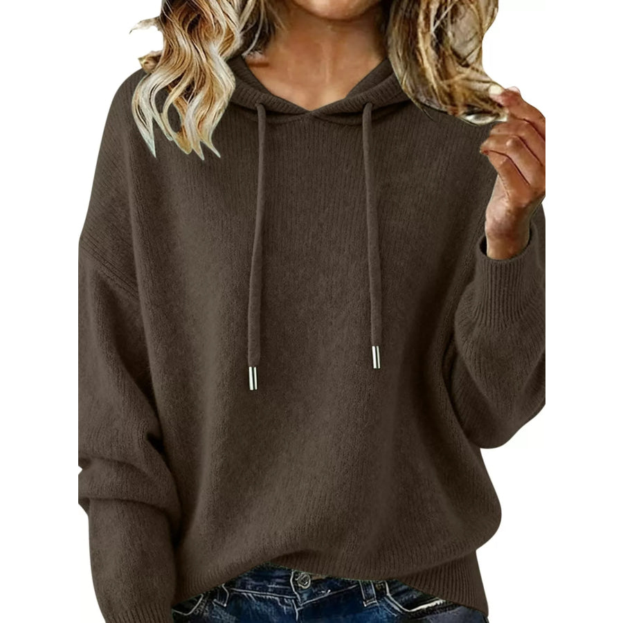 Drawstring Long Sleeve Hooded Sweater Coffee Brown / S Apparel and Accessories