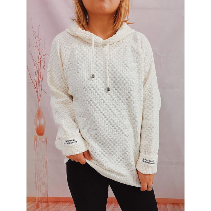 Drawstring Long Sleeve Hooded Sweater Cream / One Size Clothing