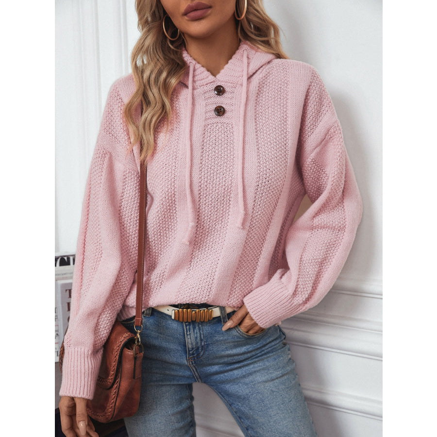 Drawstring Long Sleeve Hooded Sweater Dusty Pink / S Apparel and Accessories