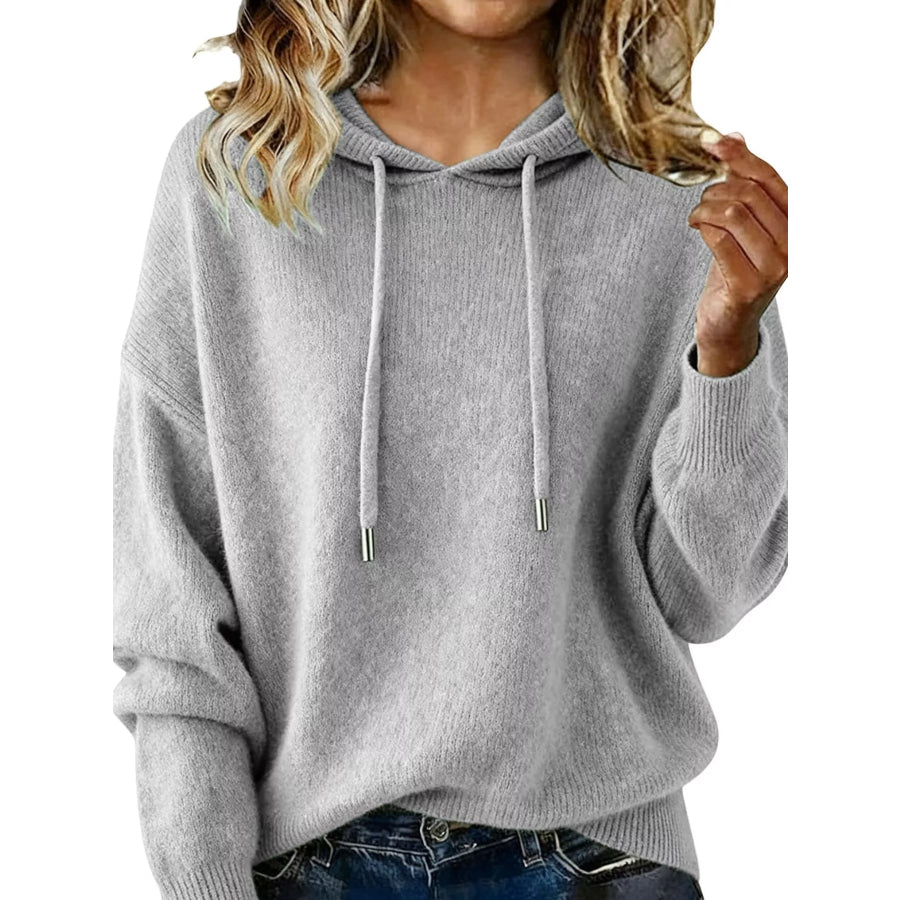 Drawstring Long Sleeve Hooded Sweater Gray / S Apparel and Accessories