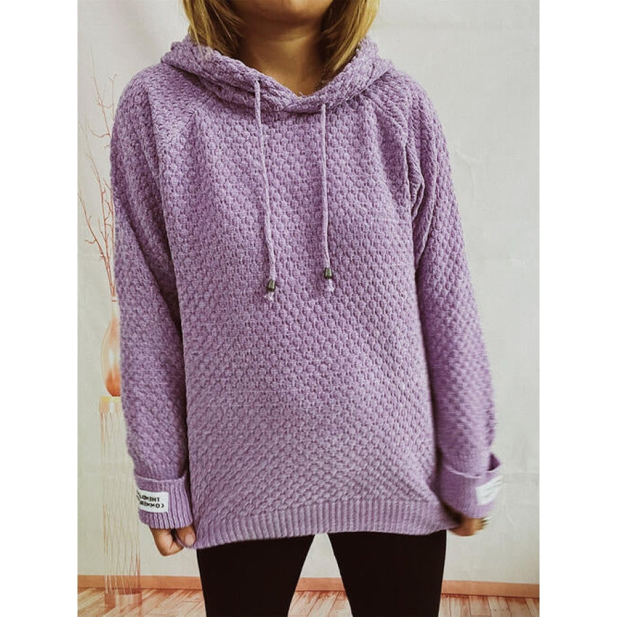 Drawstring Long Sleeve Hooded Sweater Lavender / One Size Clothing