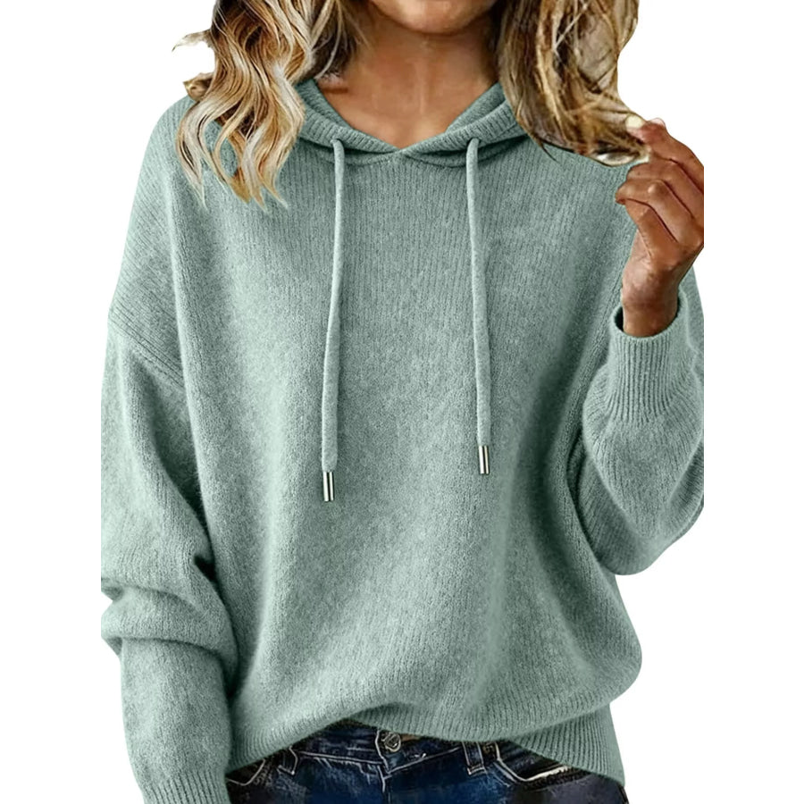 Drawstring Long Sleeve Hooded Sweater Light Green / S Apparel and Accessories