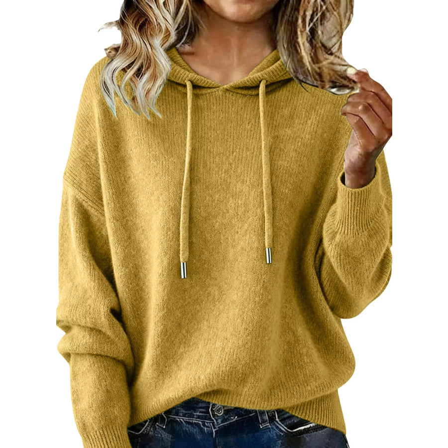 Drawstring Long Sleeve Hooded Sweater Mustard / S Apparel and Accessories
