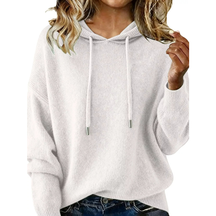 Drawstring Long Sleeve Hooded Sweater White / S Apparel and Accessories