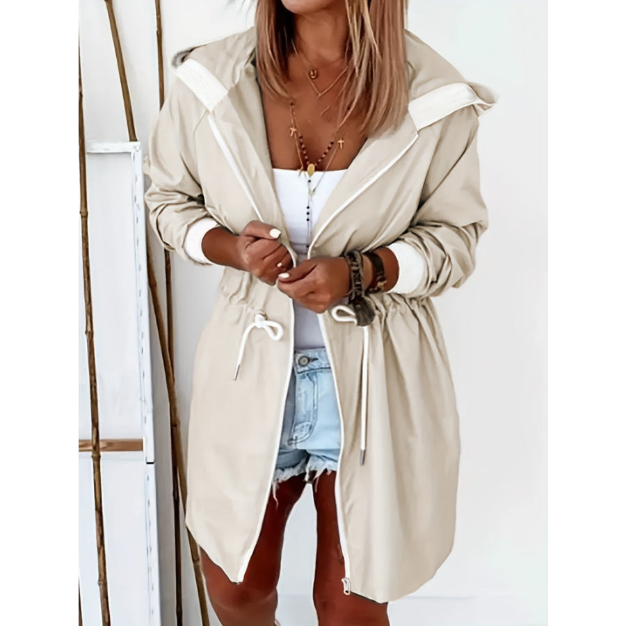 Drawstring Long Sleeve Hooded Trench Coat Dust Storm / S Apparel and Accessories