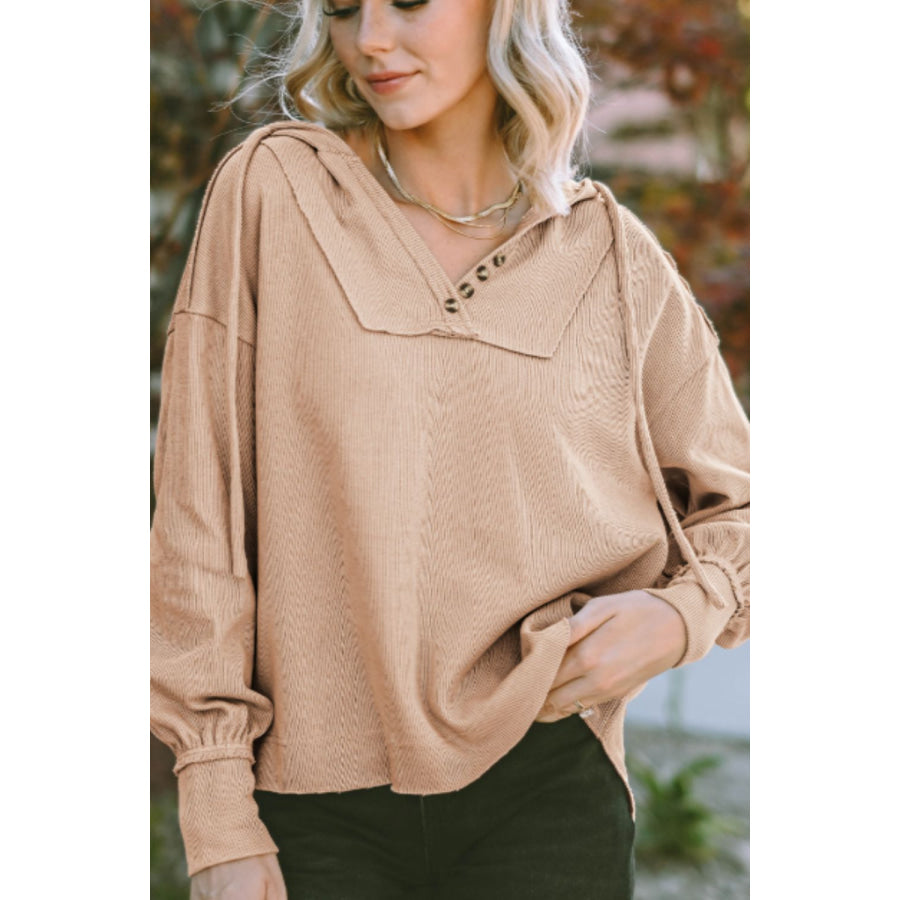 Drawstring Long Sleeve Hoodie Khaki / S Apparel and Accessories