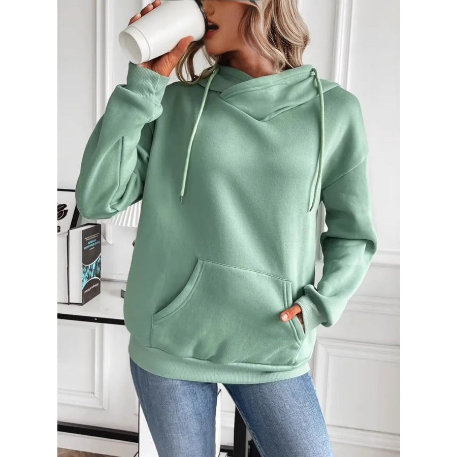 Drawstring Long Sleeve Hoodie with Kangaroo Pocket Apparel and Accessories