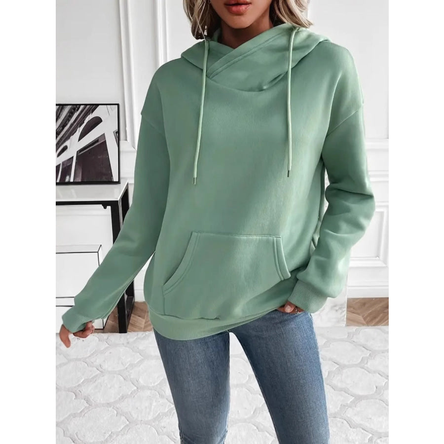 Drawstring Long Sleeve Hoodie with Kangaroo Pocket Apparel and Accessories