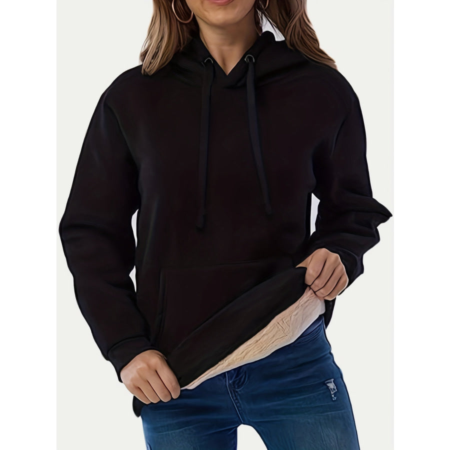 Drawstring Long Sleeve Hoodie with Kangaroo Pocket Black / S Apparel and Accessories