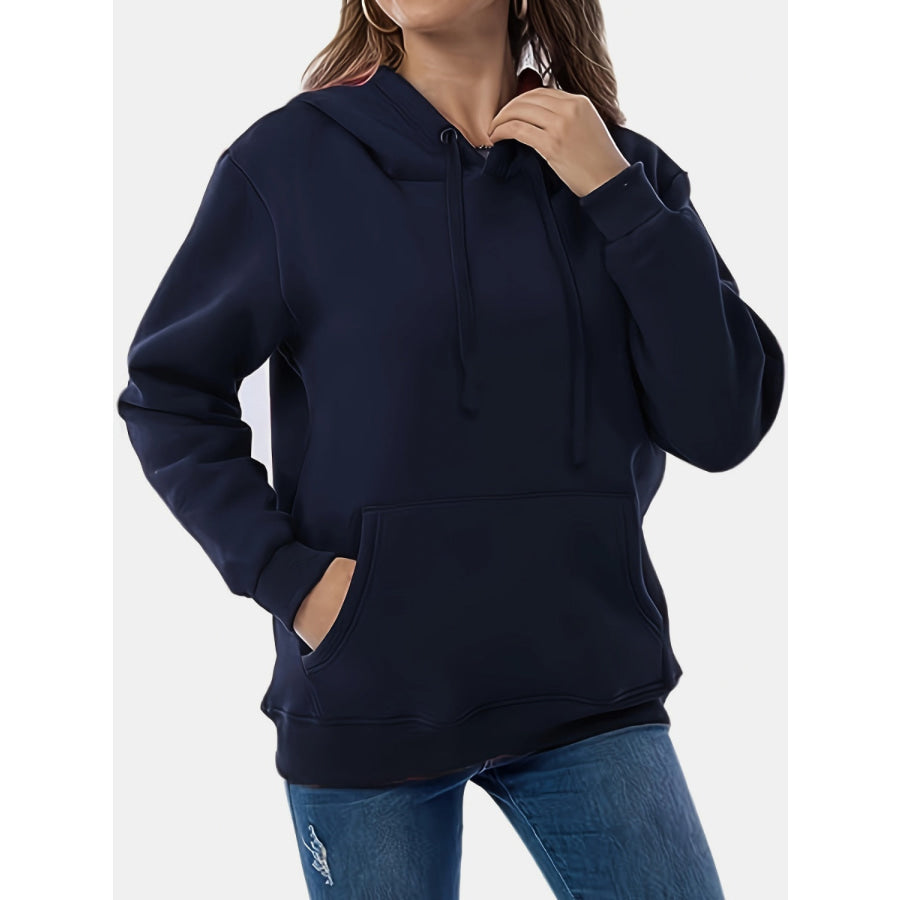 Drawstring Long Sleeve Hoodie with Kangaroo Pocket Dark Blue / S Apparel and Accessories