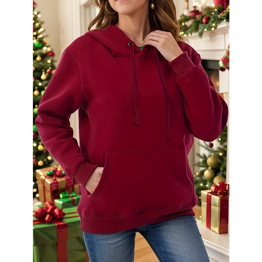 Drawstring Long Sleeve Hoodie with Kangaroo Pocket Rust / S Apparel and Accessories