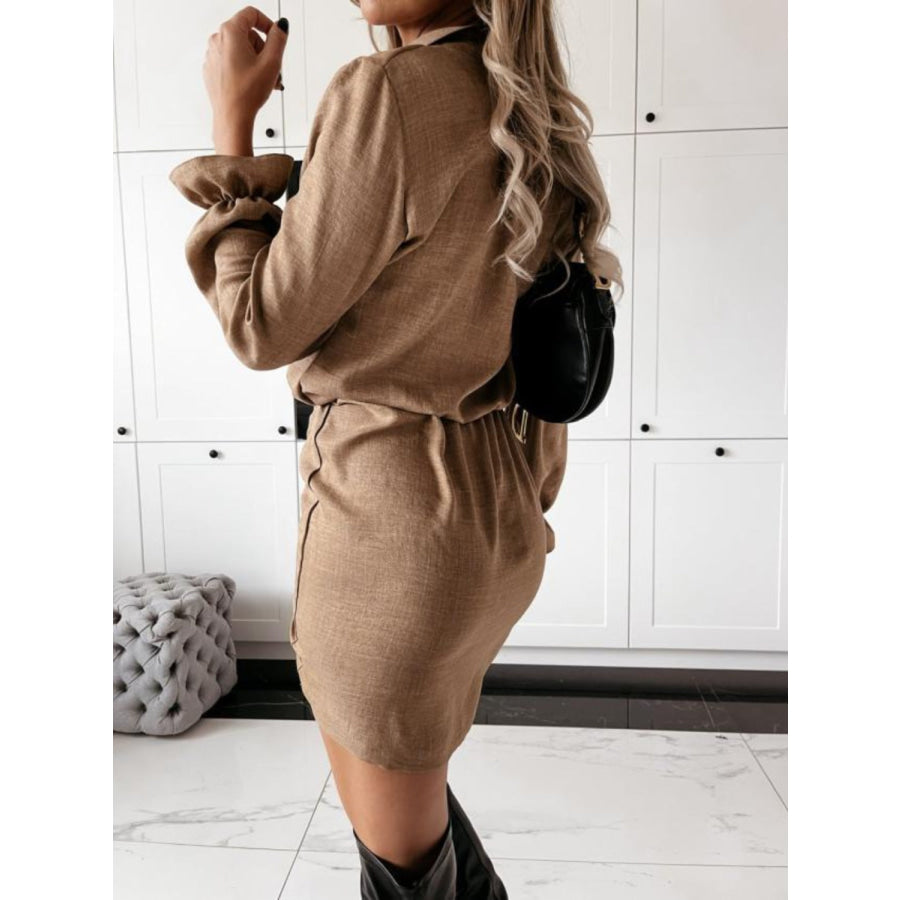 Drawstring Long Sleeve Mini Dress Apparel and Accessories