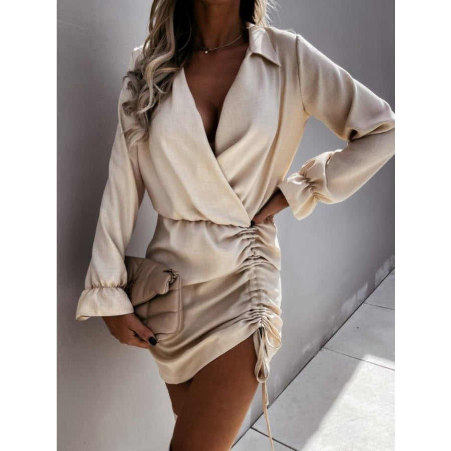 Drawstring Long Sleeve Mini Dress Dust Storm / S Apparel and Accessories