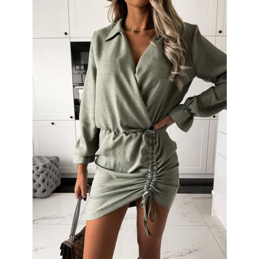 Drawstring Long Sleeve Mini Dress Sage / S Apparel and Accessories