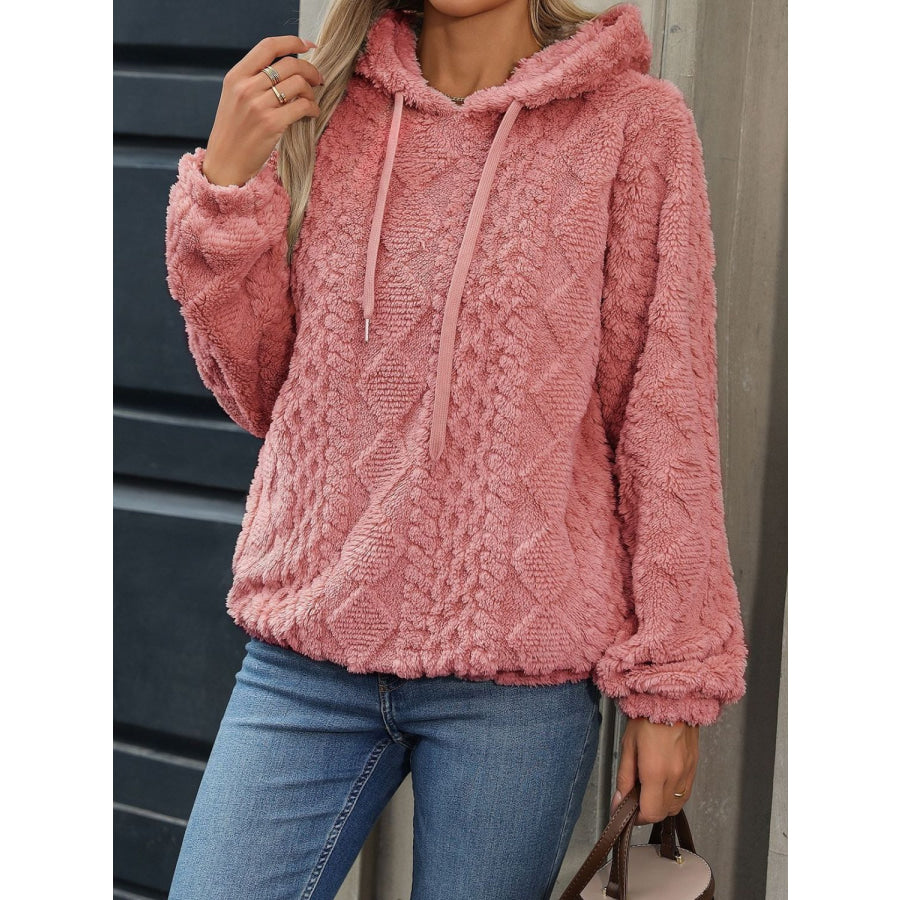 Drawstring Long Sleeve Plush Hoodie Burnt Coral / S Apparel and Accessories