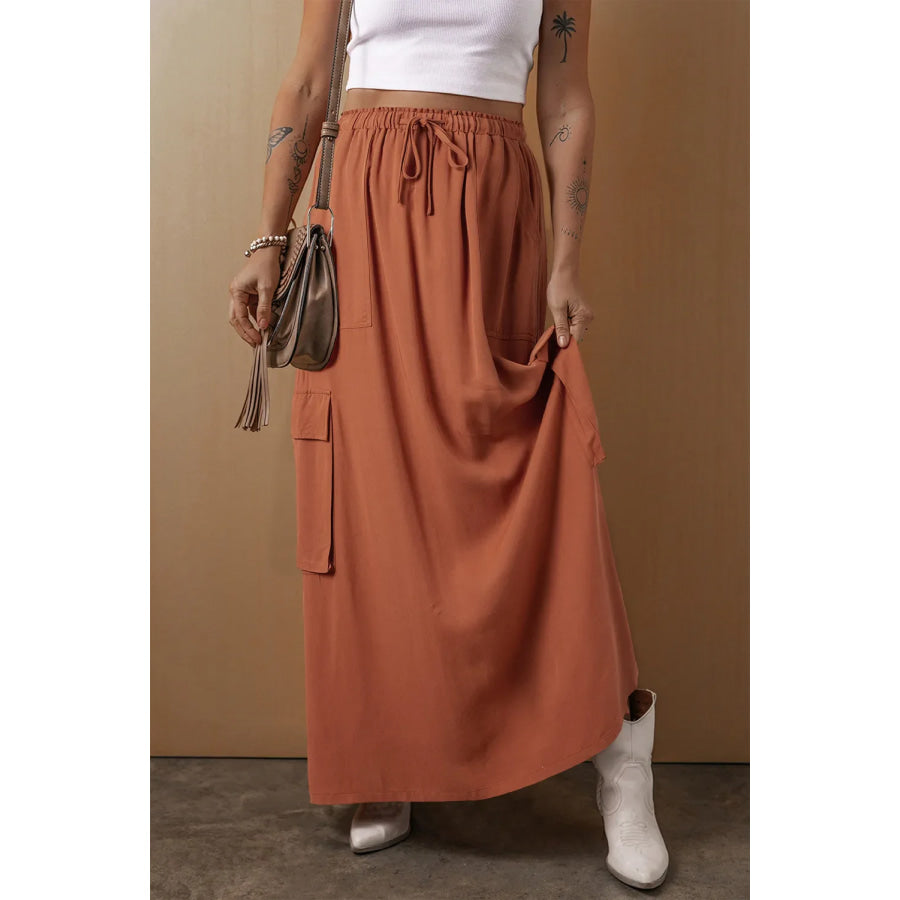 Drawstring Maxi Skirt with Pockets Caramel / S Apparel and Accessories