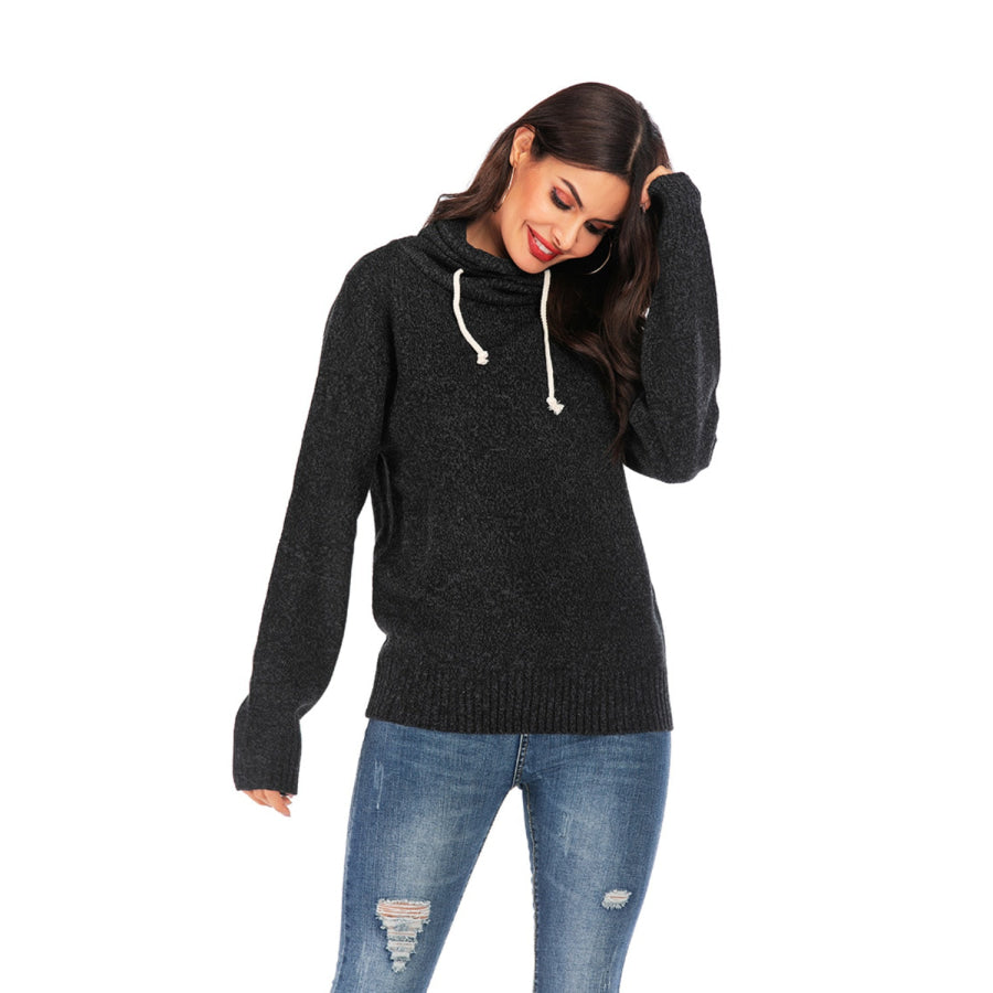 Drawstring Mock Neck Long Sleeve Sweater Apparel and Accessories