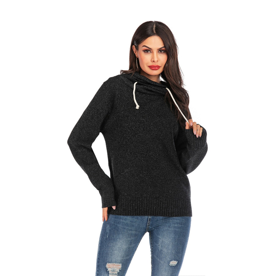 Drawstring Mock Neck Long Sleeve Sweater Apparel and Accessories