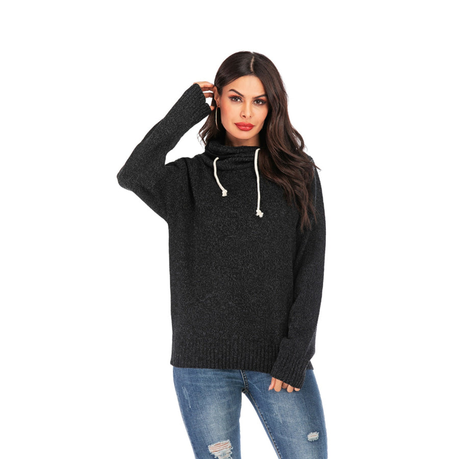 Drawstring Mock Neck Long Sleeve Sweater Black / S Apparel and Accessories