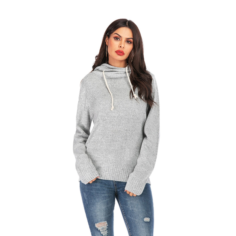 Drawstring Mock Neck Long Sleeve Sweater Gray / S Apparel and Accessories