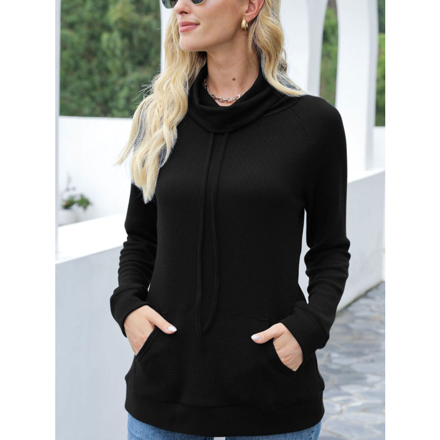 Drawstring Mock Neck Raglan Sleeve T-Shirt Black / S Apparel and Accessories