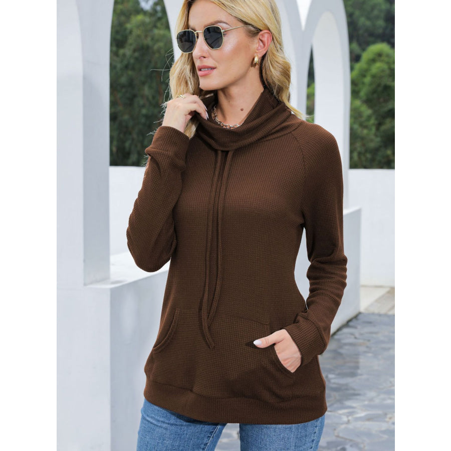 Drawstring Mock Neck Raglan Sleeve T-Shirt Dark Brown / S Apparel and Accessories