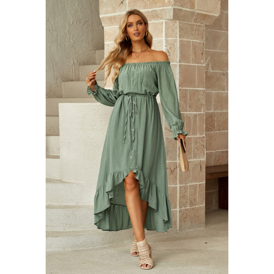 Drawstring Off - Shoulder Flounce Sleeve Dress Apparel and Accessories