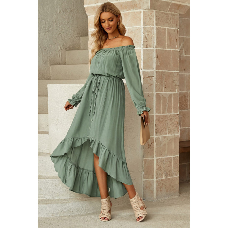 Drawstring Off - Shoulder Flounce Sleeve Dress Sage / XS Apparel and Accessories