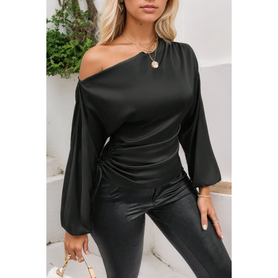 Drawstring One Shoulder Long Sleeve Blouse Apparel and Accessories