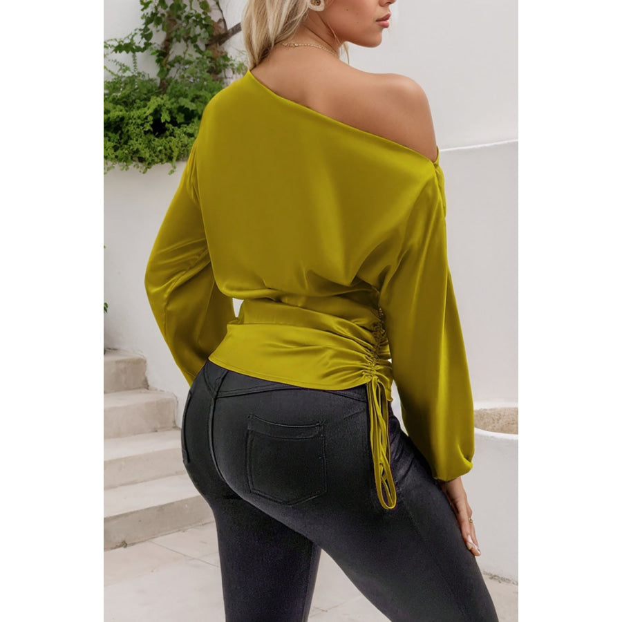 Drawstring One Shoulder Long Sleeve Blouse Apparel and Accessories