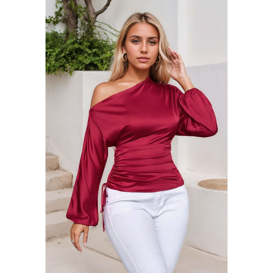 Drawstring One Shoulder Long Sleeve Blouse Apparel and Accessories