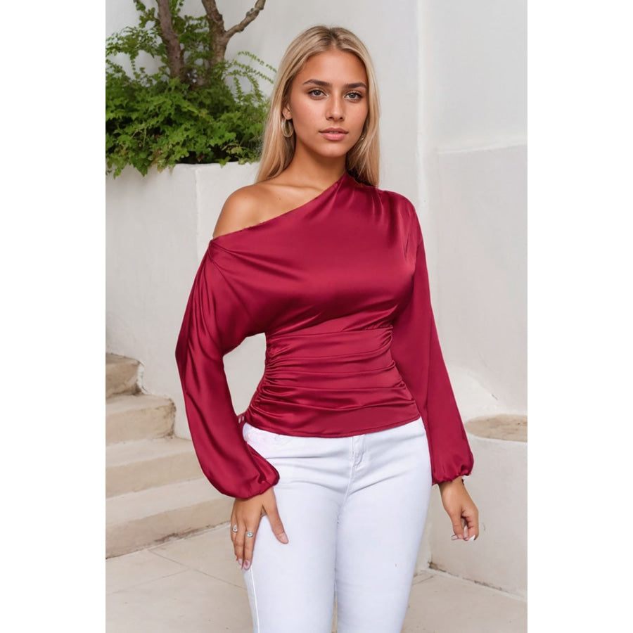 Drawstring One Shoulder Long Sleeve Blouse Apparel and Accessories